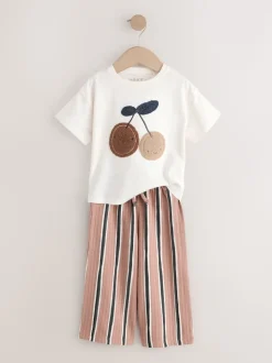 Cerise écru/brun - Ensemble haut à manches courtes et pantalon barillet (3mois-7ans)