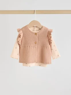 Cerise neutre - Ensemble 3 pièces : gilet en maille, haut à manches longues et leggings (0mois -3ans)