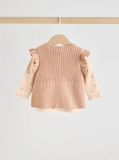 Cerise neutre - Ensemble 3 pièces : gilet en maille, haut à manches longues et leggings (0mois -3ans)