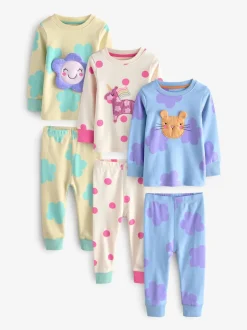 Chat/ Licorne/ Fleur pastel - Lot de 3 pyjamas Snuggle à manches longues (9mois-12ans)