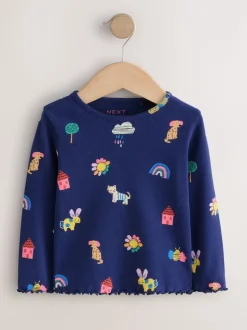 Chats et chiens bleu marine - T-shirt à manches longues en côtes (3mths-7yrs)