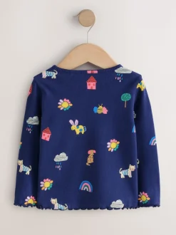 Chats et chiens bleu marine - T-shirt à manches longues en côtes (3mths-7yrs)