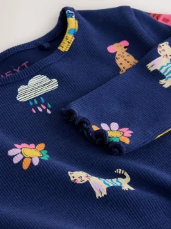 Chats et chiens bleu marine - T-shirt à manches longues en côtes (3mths-7yrs)