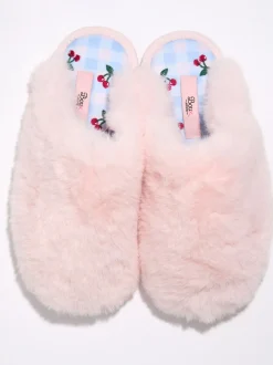 Chaussons mules Boux Avenue en peluche à semelle brodée de cerise