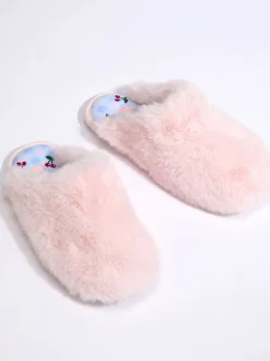 Chaussons mules Boux Avenue en peluche à semelle brodée de cerise