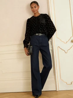 Coeur noir - Chemisier Love & Roses en tissu dévoré à manches longues et col rond