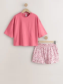 Coeur rose - Ensemble pyjama short en coton
