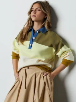 col Vert Rayé Jean - Pull confortable doux au toucher à manches longues avec col polo