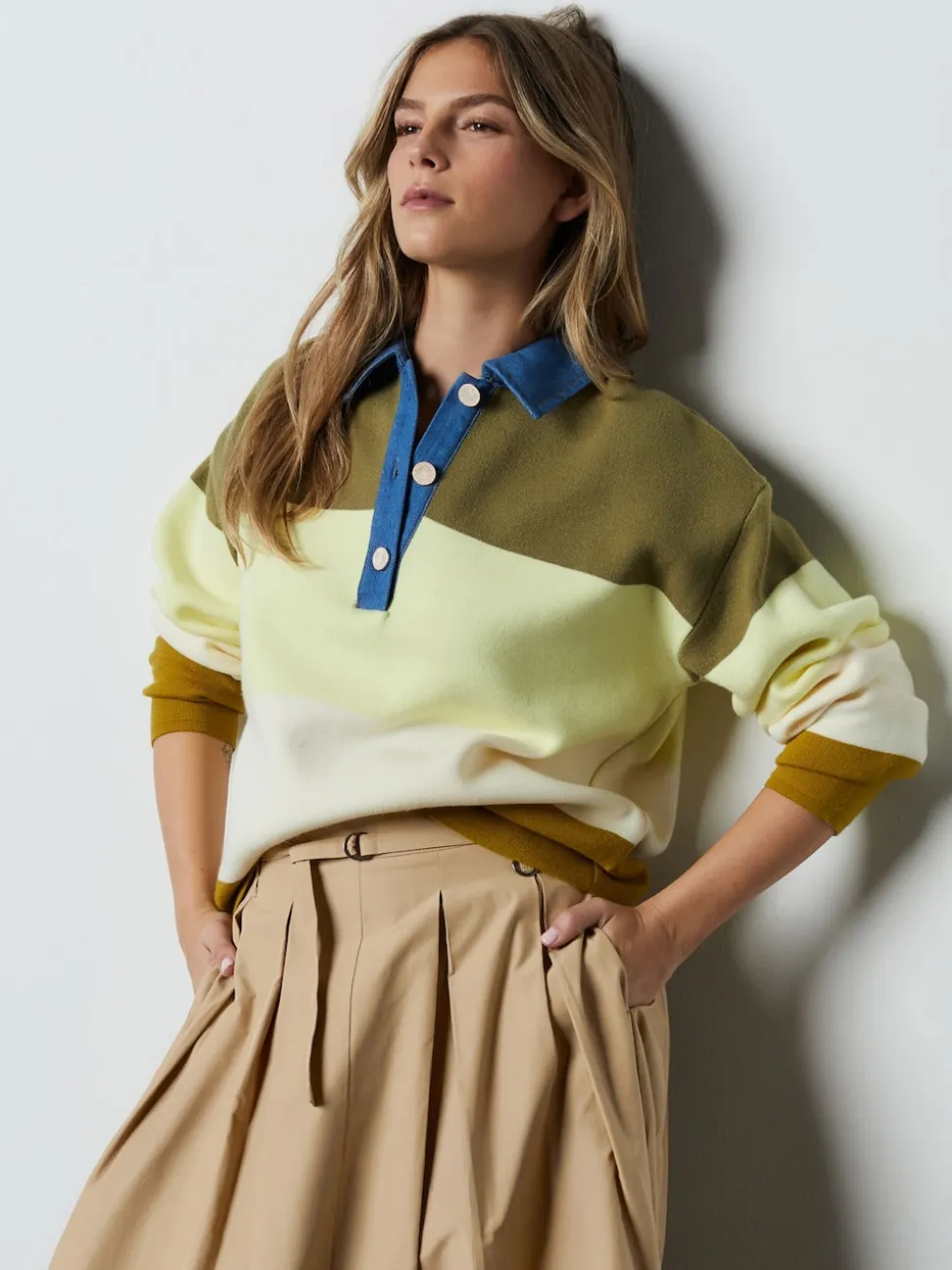 col Vert Rayé Jean - Pull confortable doux au toucher à manches longues avec col polo