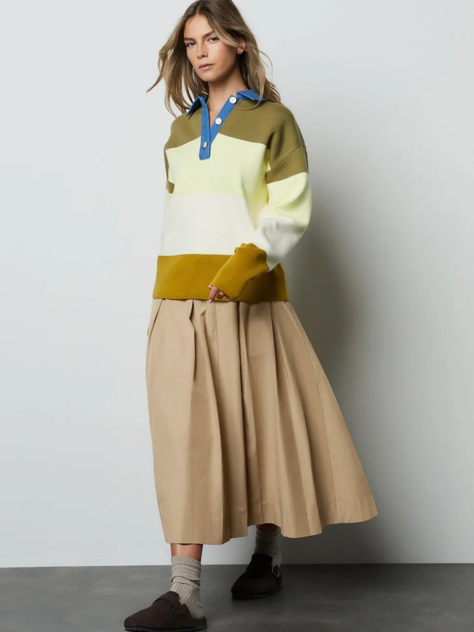 col Vert Rayé Jean - Pull confortable doux au toucher à manches longues avec col polo