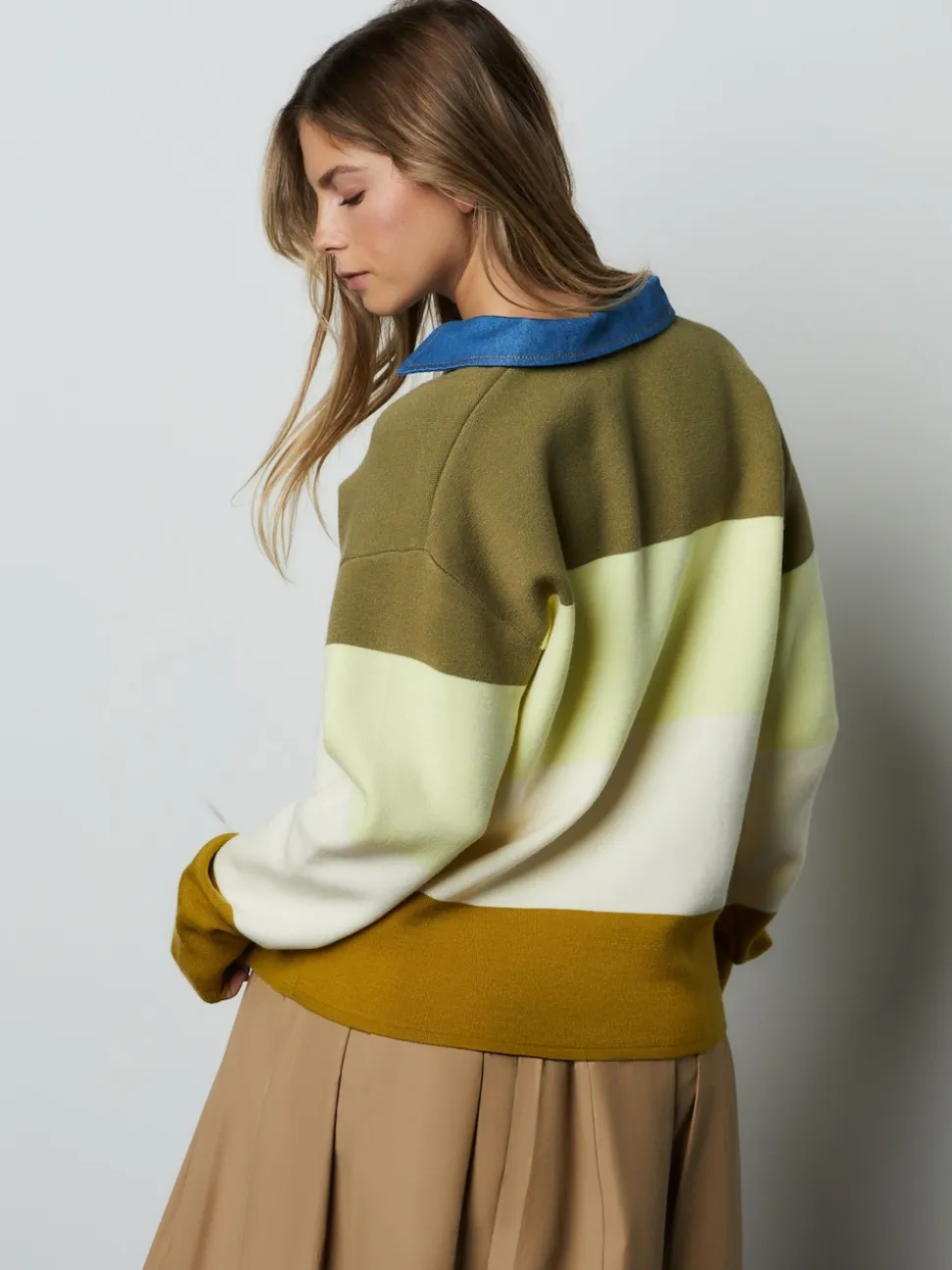 col Vert Rayé Jean - Pull confortable doux au toucher à manches longues avec col polo