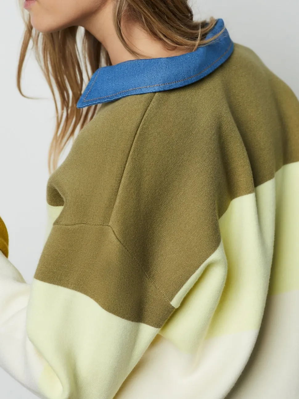 col Vert Rayé Jean - Pull confortable doux au toucher à manches longues avec col polo