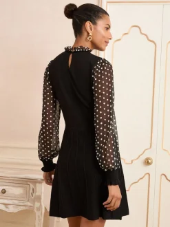 Col volanté Noir à pois Fleuri - Love & Roses Robe courte en maille à manches et col volantés