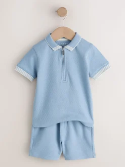 Col zippé bleu - Ensemble polos et shorts de manches (3mois-7ans)