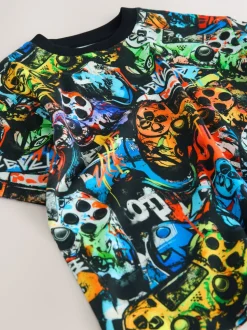 Contrôleur Noir Graffiti - T-shirt décontracté Manches courtes All-Over Imprimé (3-16yrs)