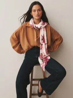 Cream/Rouge à fleurs - Écharpe légère