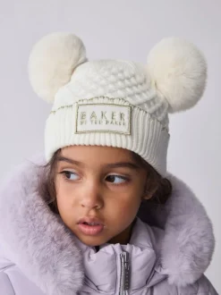 Crème - Baker By Ted Baker Ensemble chapeau et moufles à double pompon pour fille