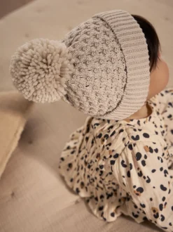 Crème - Chapeau Bébé Pom Gaufré tricoté