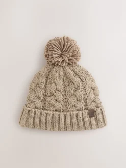 Crème - Chapeau pompon en tricot torsadé (1-16ans)