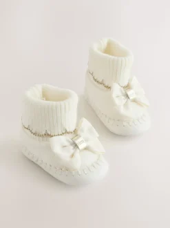 Crème - Chaussons en maille à bord festonné pour Bébé fille avec nœud