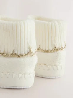 Crème - Chaussons en maille à bord festonné pour Bébé fille avec nœud