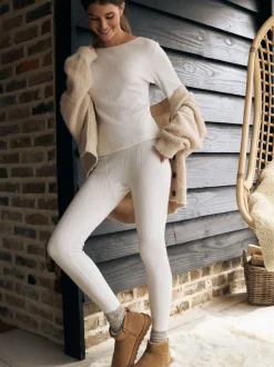 Crème - Leggings en maille pointelle douillette haute taille thermique