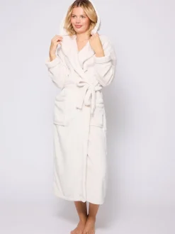 Crème - Peignoir Loungeable longue luxueuse à capuche en polaire avec ruban de Noël