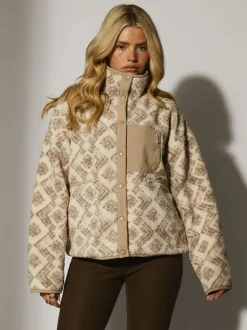 Crème - South Beach Imprimé Veste zippée en borg surdimensionnée avec poche