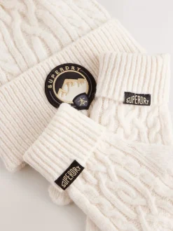 Crème - Superdry Ensemble bonnet et Gants à pompons