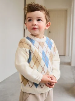 Crème Argyle - Pull en coton à col rond en maille (3mois -7ans)