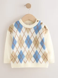 Crème Argyle - Pull en coton à col rond en maille (3mois -7ans)