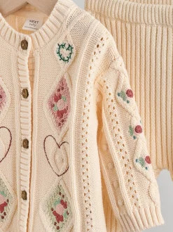 Crème brodé - Cardigan et Leggings en maille Bébé Ensemble 2 pièces (0mois-3ans)