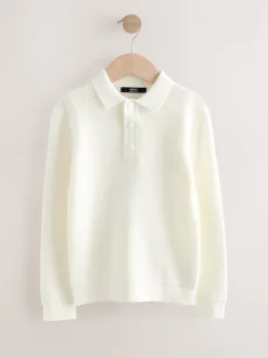 Crème écru - Polo texturé à manches longues (3-16ans)