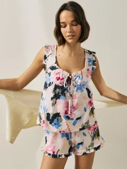 Crème fleuri - Ensemble Pyjamas Shorts 100% Coton