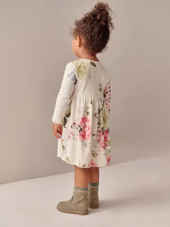 Crème fleuri - Robe côtelée à manches longues (3mois-7ans)