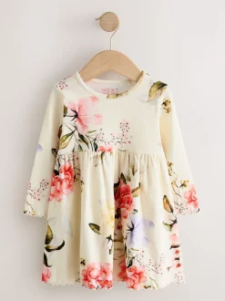 Crème fleuri - Robe côtelée à manches longues (3mois-7ans)