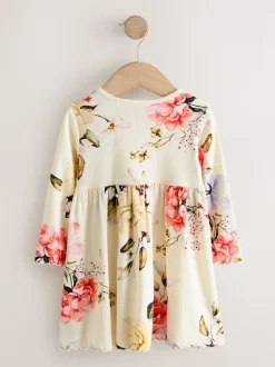 Crème fleuri - Robe côtelée à manches longues (3mois-7ans)