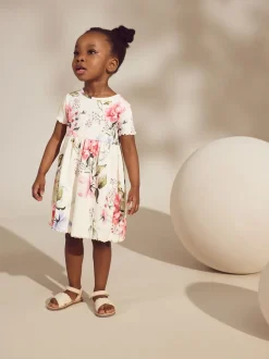 Crème fleuri - Robe d’été côtelée à manches courtes (3mois à7ans)