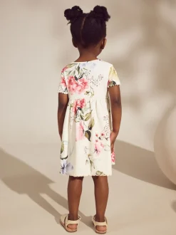 Crème fleuri - Robe d’été côtelée à manches courtes (3mois à7ans)