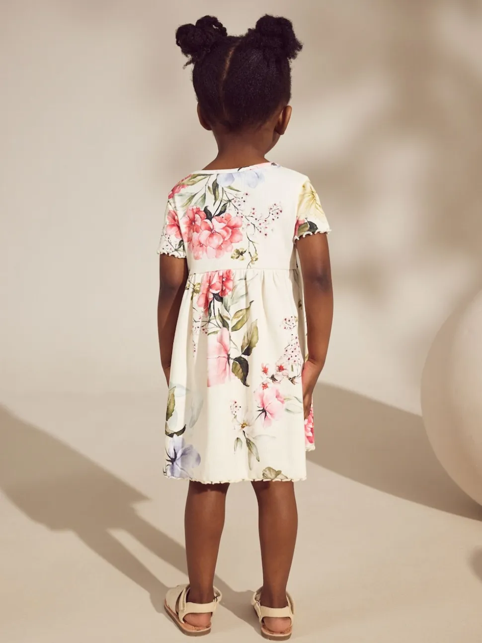 Crème fleuri - Robe d’été côtelée à manches courtes (3mois à7ans)