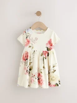 Crème fleuri - Robe d’été côtelée à manches courtes (3mois à7ans)