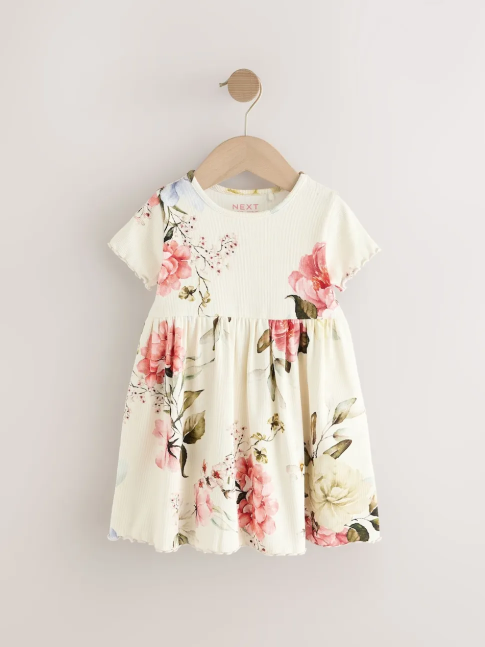 Crème fleuri - Robe d’été côtelée à manches courtes (3mois à7ans)