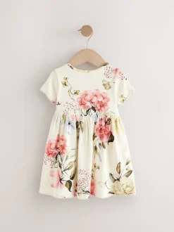 Crème fleuri - Robe d’été côtelée à manches courtes (3mois à7ans)