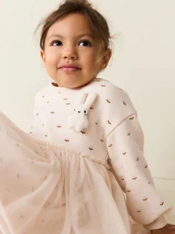 Crème motif lapin - Robe sweat à jupe en maille (3mois7ans)