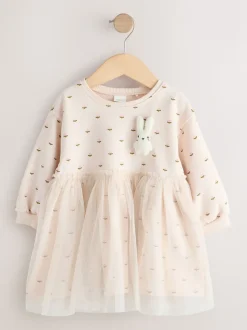 Crème motif lapin - Robe sweat à jupe en maille (3mois7ans)
