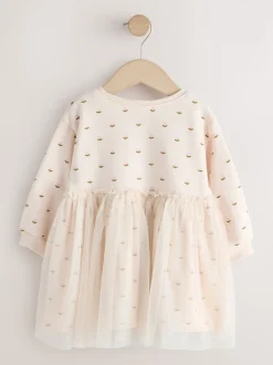 Crème motif lapin - Robe sweat à jupe en maille (3mois7ans)