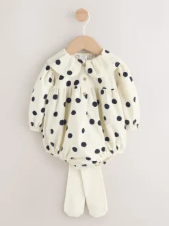 Crème/anthracite à pois - Ensemble de barboteuses Bébé Bloomer 2 pièces avec collants (0mois-3ans)