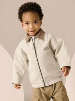 Crème/Marron - Blouson bomber en toile à col en velours côtelé (3mois -7ans)