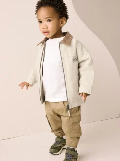 Crème/Marron - Blouson bomber en toile à col en velours côtelé (3mois -7ans)