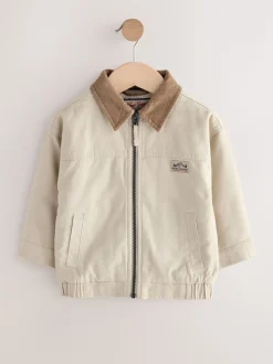 Crème/Marron - Blouson bomber en toile à col en velours côtelé (3mois -7ans)